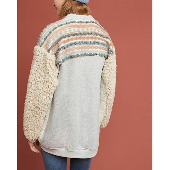 Anthropologie Ivory Sherpa Sweater Jacket Large Womens – Open Front Cozy Shacket - Picture 2 of 10